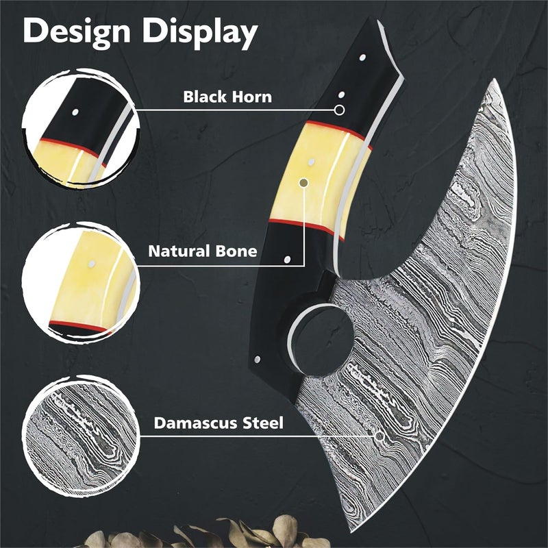 SHARDBLADE Alaskan Ulu Knife with Sheath, Handmade 6.5" Damascus Steel Pizza Cutter Rocker Knife with Natural Bone and Horn, Premium Food Salad Chopper Knife, Traditional Inuit Eskimo Knife - Image 3